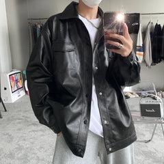 BONSIR   -  Autumn Winter PU Jackets Men Solid Color Leather Coat Casual Motorcycle Biker PU Jacket Classic Black Male Clothes Plus Size 5XL