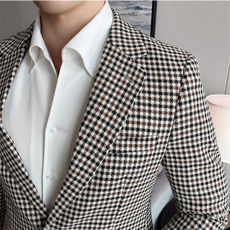 Bonsir British Style Slim Fit Houndstooth Blazer Men Fashion Business Office Wedding Dress Suit Jacket High Quality Male Blazers