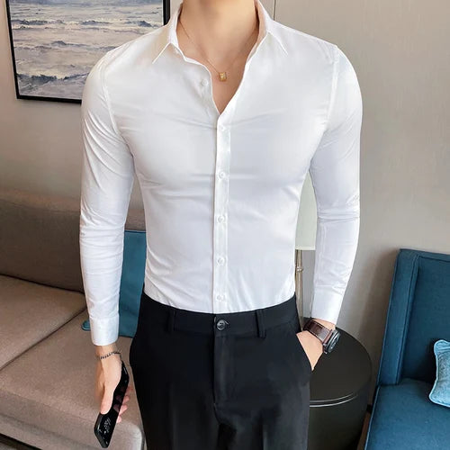 Bonsir 10Color High Quality Solid Dress Shirt Men Simple Long Sleeve Slim Fit Business Shirts Homme Social Casual Shirt Plus Size 5XL-M