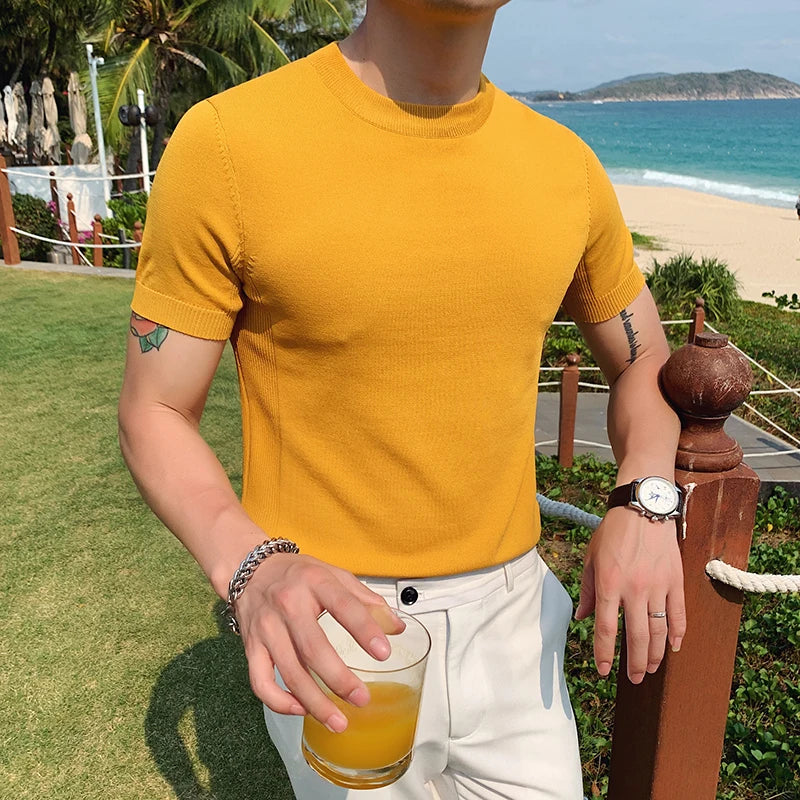 Bonsir British Style Summer Ice Silk Short Sleeve Knitted T Shirts Men Simple Pure Color O-Neck Casual Slim Tee Shirt Top Homme M-3XL