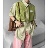 BONSIR  -  Fake Two Pieces Summer New Men's Turn-down Collar Button Spliced Pockets Striped Letter Shirt Short Sleeve Trendy Loose Tops