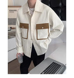 BONSIR  -  Men Casual Loose Retro Shirt Color Block Long Sleeve Patchwork Design Trendy Coat