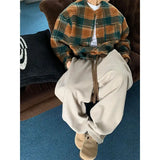 BONSIR  -  Beige woolen pants loose bf lazy style American retro thickened sweatpants men's loose straight wide-leg pants