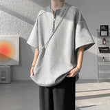 BONSIR  -  Summer Short Sleeved T-shirt Men Oversized Gray Black Casual T Shirt Men Streetwear Hip-hop Loose Zipper T Shirt Mens Top M-3XL