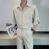BONSIR  -  Summer Ice Silk Men's Suits Casual Short Sleeve Shirt And Pants Two-piece Set Ruffled  Handsome Draped Korean Style Loose Set