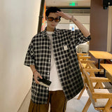 BONSIR  -  Summer New Loose Cityboy Shirts Men Korean Streetwear Vintage Short Sleeve Lapel Casual Plaid Oversized Shirt Men Clothing