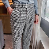 Bonsir Neapolitan High Waist Business Casual Pants Men Fashion Plaid Suit Pants Korean Slim Fit Social Office Dress Pants Mens Clothing