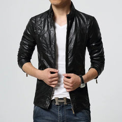 Bonsir New Mens Fashion PU Leather Jacket Men Stand Collar Slim Biker Jacket High Quality Men Coat Solid Color Leather  Jacket