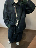 BONSIR  -  autumn new loose couple style retro green plaid long-sleeved shirt jacket men