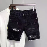 Bonsir Summer Denim Shorts Black Ripped Raw Edge Streetwear Retro Shorts Straight Washed Trendy Mens Causal Versatile Denim Shorts