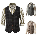 Bonsir Men's Suit Vest Single Breasted Retro Tweed Amikaki Plaid Business Daily Casual Vest