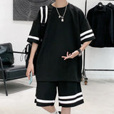 BONSIR  -  2 Pieces Men Shorts Set Summer Waffle Fabric Casual O Neck Half Sleeve T Shirt+Shorts Sets Oversize Loose Letter Print Tracksuit