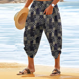 BONSIR  -  Summer Vintage Boho Graphic Belt Tie-up Pants Men Casual Loose Breathable Cotton Printed Shorts pocket Beach Shorts Men