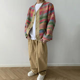 Bonsir Mens Jacket Rainbow Stripes Contrast Color Casual Jacket Autumn Streetwear Personality Retro Ethnic Jacket Men'S Clothing