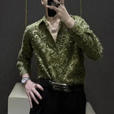 Bonsir Mens Shirt Floral Brushed Casual Shirt Autumn Streetwear Personality Campus Performance Long-Sleeved Top Men'S Clothing
