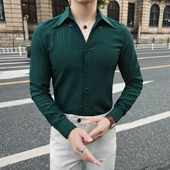 Bonsir Autumn Winter British Style V-neck Striped Shirt Men Slim Fit Casual Shirts Fashion Business Social Formal Dress Shirts 4XL