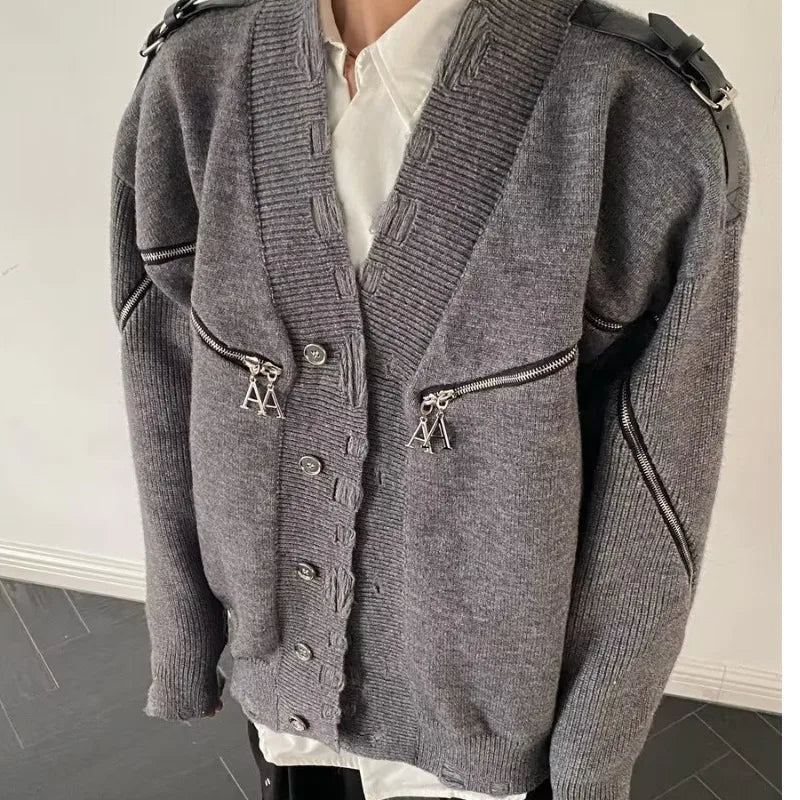 Bonsir Harajuku Double Zipper Knitted Cardigan Men Vintage Loose Knitted Sweater Punk Hip Hop Retro Design Jumpers Jacket