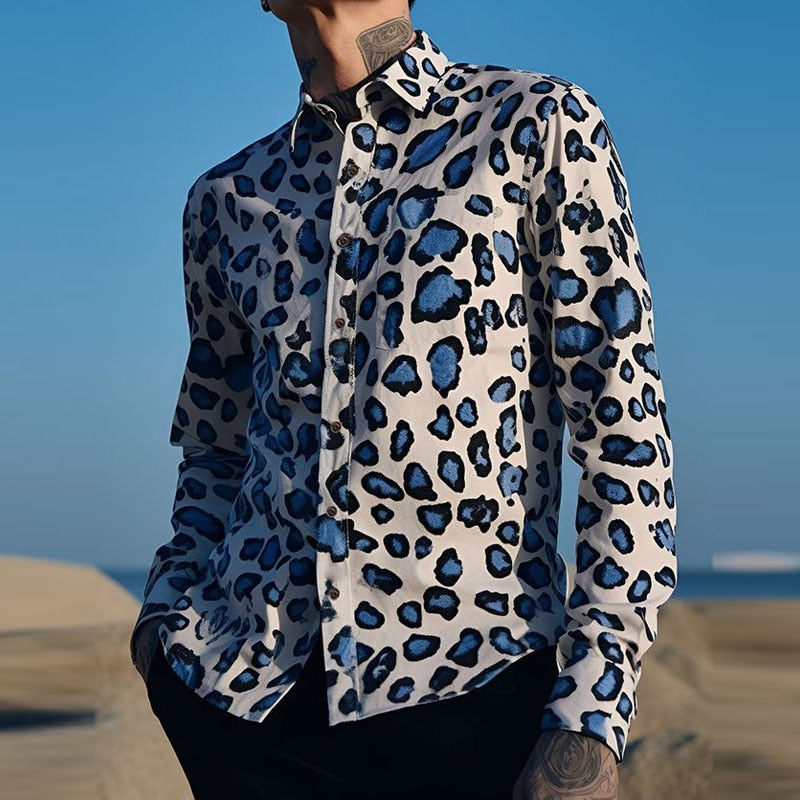 Bonsir Slim Fashion Button Collar Social Shirts Men Clothing Winter Long Sleeve Cardigan New Autumn Leopard Print T-shirts Tops