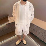 BONSIR  -  Mens Hollow Ballroom Sets Shirt Summer Nightclub Performance Niche Personality Outer Shorts Two Sets Men'S Clothing 2025 New