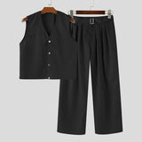 BONSIR  -  Men Sets Solid Color V Neck Sleeveless Vests & Pleated Pants Two Pieces Sets Streetwear Loose 2025 Men's Casual Suits