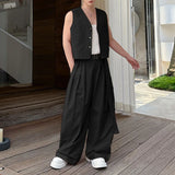 BONSIR  -  Men Sets Solid Color V Neck Sleeveless Vests & Pleated Pants Two Pieces Sets Streetwear Loose 2025 Men's Casual Suits