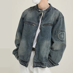 Bonsir American workwear denim jacket men's spring autumn new style loose standing collar denim jacket top