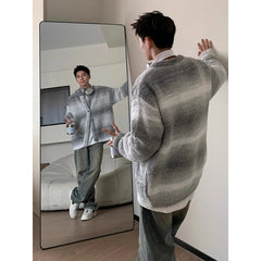 Bonsir American striped patchwork knitted cardigan sweater men's autumn winter loose long sleeved jacket top