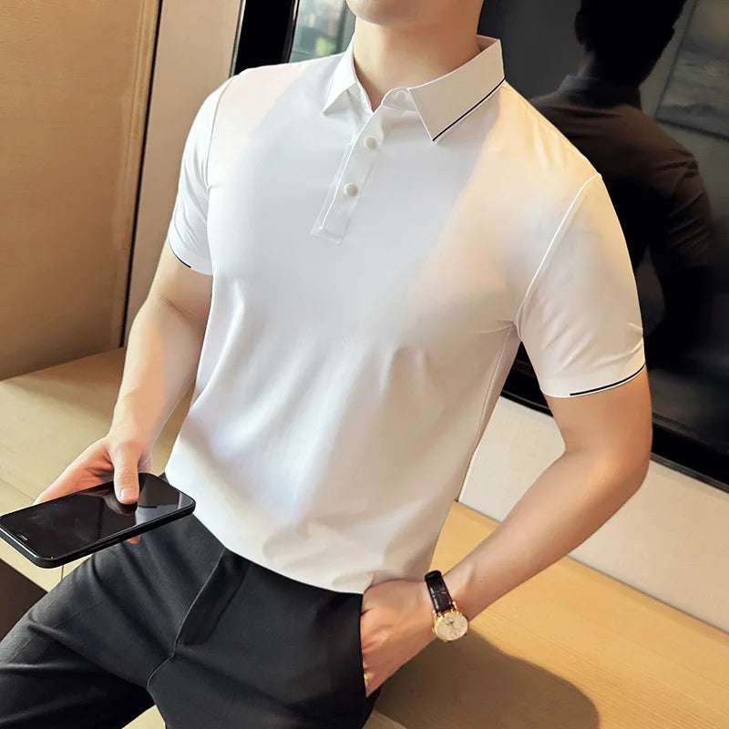 Bonsir Summer New High Elastic Seamless Polo Shirt Men Contrasting Color Short Sleeved Lapel T-shirt Streetwear Polos Tops 4XL-M