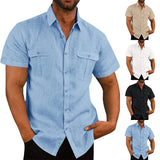 BONSIR  -  Casual Men\'s Short Sleeve Shirts And Blouses 2 Pockets Summer Solid Color Baggy Casual Tops Beach Shirt Clothing