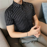 Bonsir Black / White Summer Men Short Sleeve Striped Shirts  High Quality Male Slim Fit Business Casual Shirt Formal Dress Blouse
