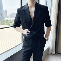 Bonsir Summer Fashion Half Sleeve Suit Men Side Buckle Design Casual Simple Solid Color Loose Suits Homme (Jacket + Pants+Belt)