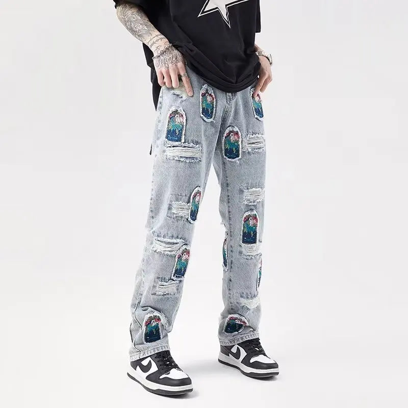 Bonsir Japanese Streetwear Embroidery Men Jeans Pants Cargo Vintage Harajuku Men's Denim Trousers