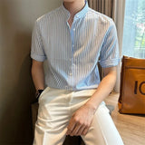 BONSIR  -  New Fashion Striped Stand Collar Men Shirts Luxury Casual Textured Half Sleeve Cardigan Tops Summer Business Slim-fit Blouse