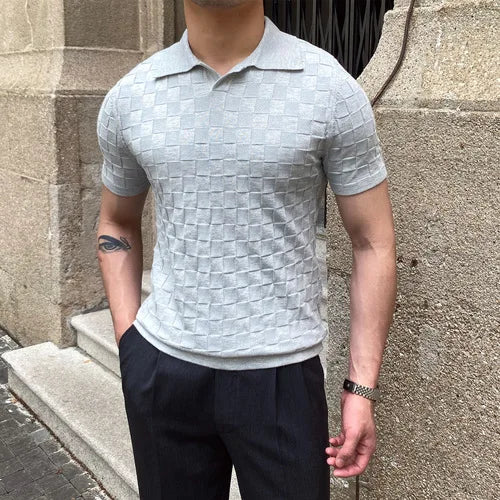 Bonsir Summer Plaid Knitted Polo Shirts Men Short Sleeve V-Neck Knitted Lapel Tee Tops Elasticity Slim Casual Business Social Polo