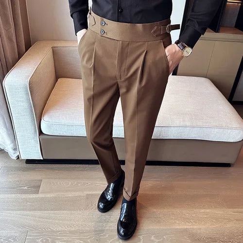 Bonsir Autumn Winter High Waist Business Dress Pants Men Casual Belt Design Slim Suit Pants Formal Wedding Social Party Male Trousers