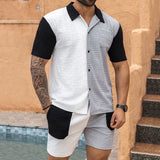 BONSIR  -  Leisure Breathable Knitted Outfits For Men Summer Short Sleeve Loose Shirt And Shorts Two Piece Sets Mens Casual Knitting Suits