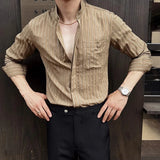 BONSIR  -  Spring Autumn Stretchable Men Shitrs Stand Collar Single-breasted Long Sleeve Men's Striped Shirt Fashion Handsome Streetwear