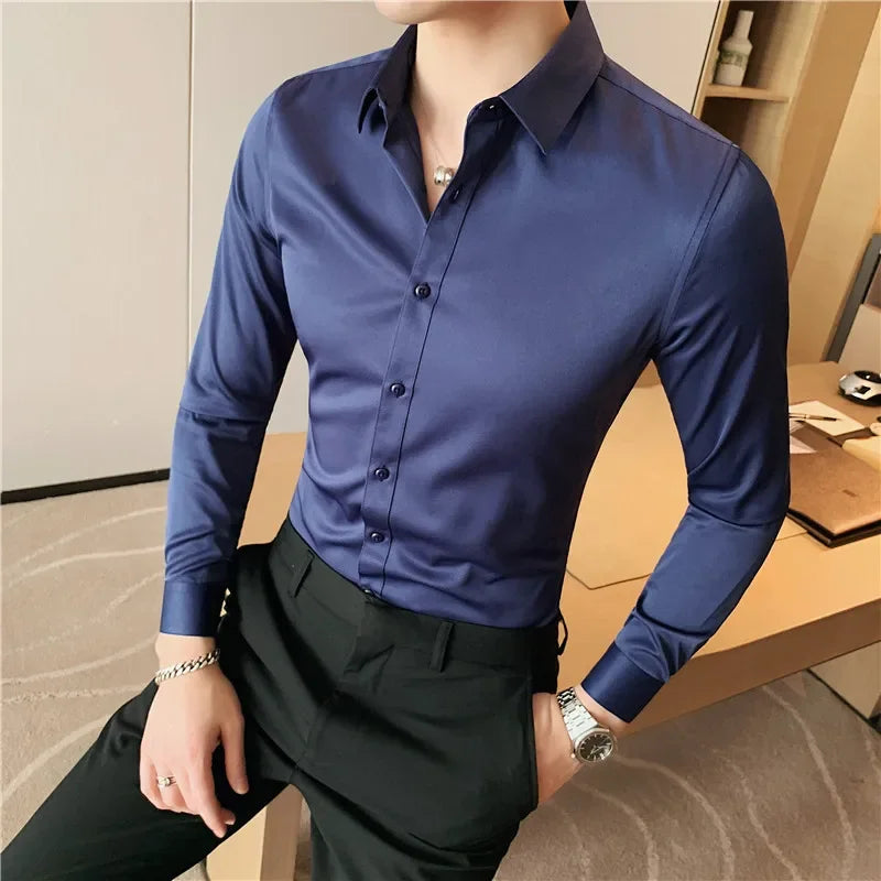 Bonsir Plus Size 7XL-S Men Shirt High Quality Fashion Solid Slim Fit Business Shirt Formal Casual Social Party Dress Men's Clothing