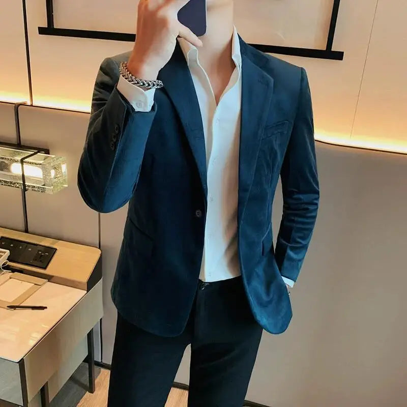 Bonsir Autumn Velvet Blazers Jacket Solid Color Casual Slim Fit Business Suit Coat High Quality Fashion Men Wedding Social Tuxedo