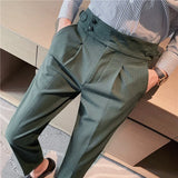 Bonsir British Style Men High Waist Casual Dress Pant Men Belt Design Slim Trousers Formal Office Social Wedding Party Dress Suit Pants
