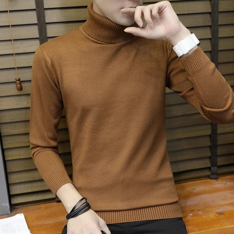 Bonsir Fall/Winter Men's Turtleneck Sweater Fashion Striped Solid Color Warm Knitted Sweater Men Double Collar Slim Fit Sweaters