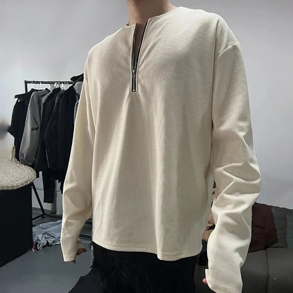 Bonsir American Street Metal Half-Zip Solid Color T-Shirt Men'S Autumn And Winter Loose Casual Retro Trendy Brand Long-Sleeved Top