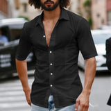 BONSIR  -  Men Shirt Solid Color Lapel Short Sleeve Lace Up Streetwear Men Clothing Summer 2025 Button Fashion Tops Camisas S-5XL