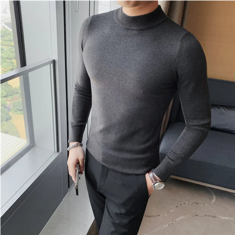 Bonsir Autumn Winter New Half Turtleneck Sweater Men's Korean Slim Fit Knitted Pullovers Solid Color Casual Bottoming Shirt Sweater