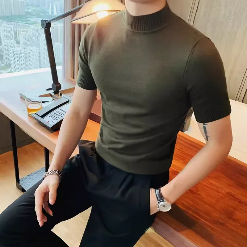 Bonsir Autumn Short Sleeve Sweater For Men High Quality Fashion Solid Slim Fit Pullovers Half High Neck Elastic Knitted Casual T Shirt