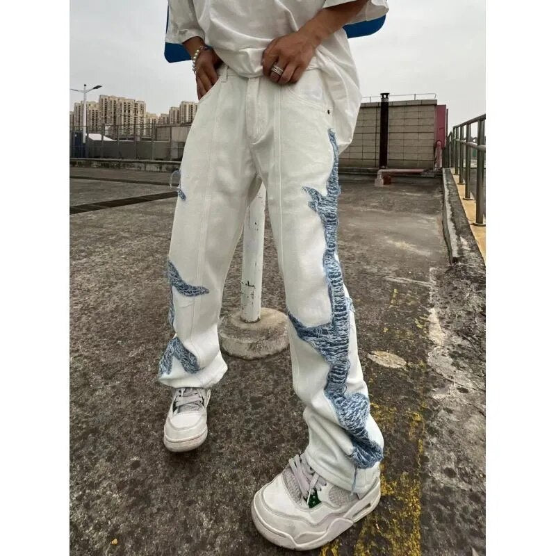 Bonsir American stitching white washed trousers retro street color contrast damaged details loose fashion straight jeans men and women