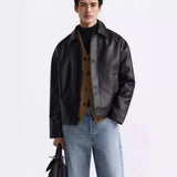 BONSIR  -  Men's Spring and Autumn New Fashion Casual Imitation Leather Lapel Jacket, Solid Color Single Breasted Loose PU Leather Jacket