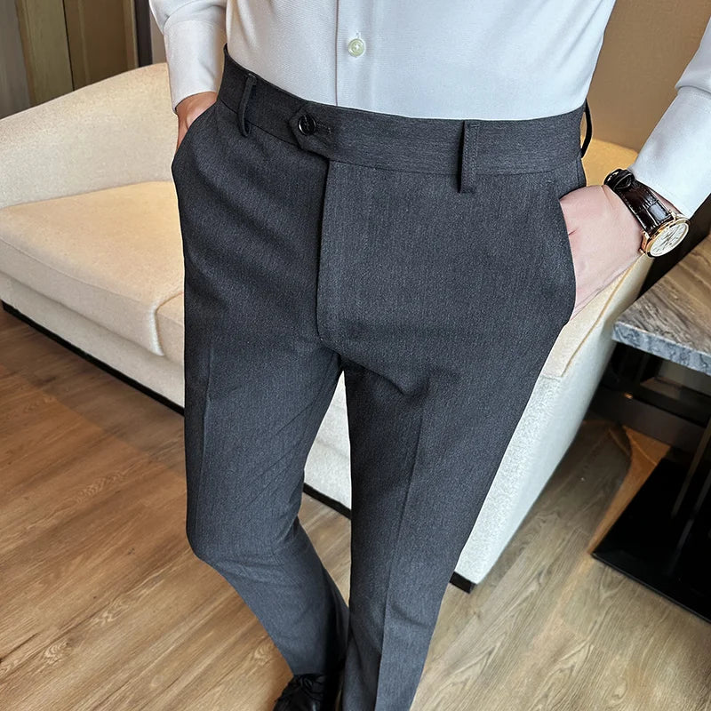 Bonsir Autumn New High Waist Solid Casual Dress Pants Men High Quality Slim Suit Pants Formal Wedding Social Party Trousers