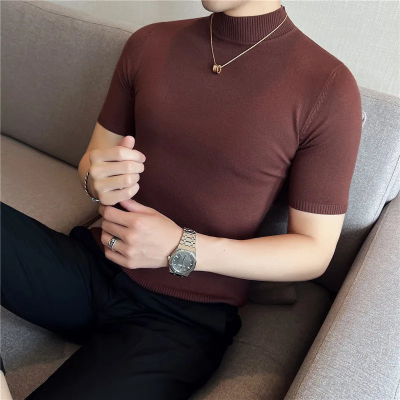 Bonsir Autumn High Quality Short Sleeve Knitted T Shirts  Men Slim Solid Pullovers Half Turtleneck Casual Stretched Tee Shirt Homme