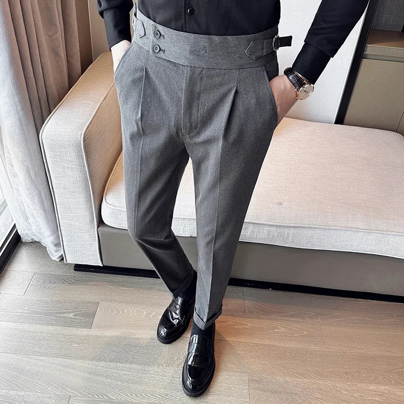 Bonsir Autumn Winter High Waist Business Dress Pants Men Casual Belt Design Slim Suit Pants Formal Wedding Social Party Male Trousers